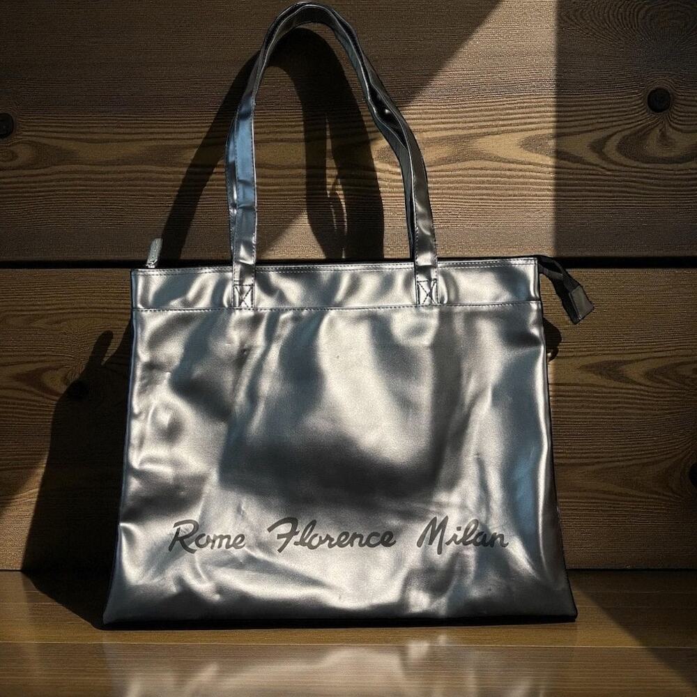 Signature Club A Metallic Tote Bag Women's Rome Florence Milan Script Detail